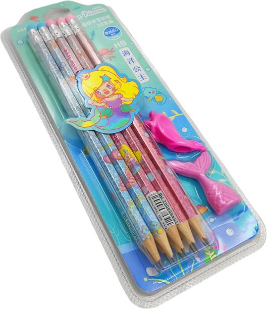 Johnnie Boy Cute Mermaid Pencil Set with Mermaid Shape Eraser|Pencil Head with Eraser| Pencil
