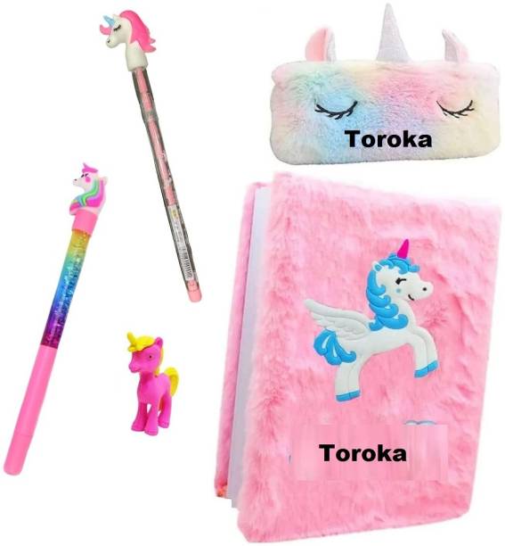 toroka Unicorn Diary Notebook for Girls with Fur Pencil Pouch Pencil