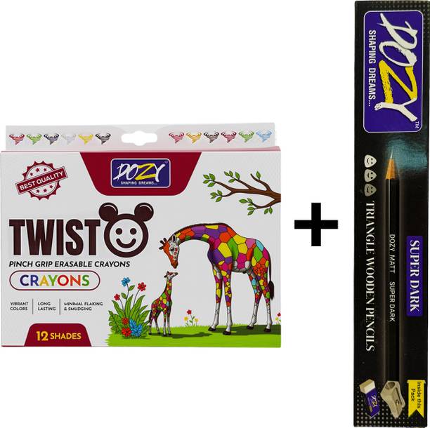 Dozy Twist Erasable Crayons (12 Shades) with Super Dark Triangle pencil Pencil