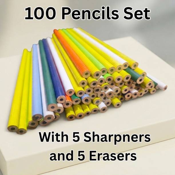Aakruti Stores 100 PENCIL 5 ERASERS AND SHARPNERS SET FOR KIDS STUDENTS SCHOOL AND COLLEGE Pencil