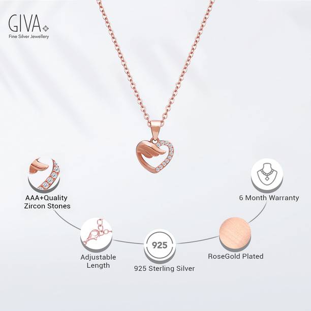 Sterling Silver Rose Gold Winged Heart Pendant with Link Chain for women & girls Rhodium Cubic Zirconia Sterling Silver Pendant