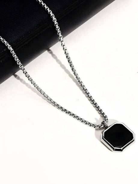 vs unique collections Geometric Black Square Natural Stone Pendant With Chain Silver Stainless Steel Locket Set