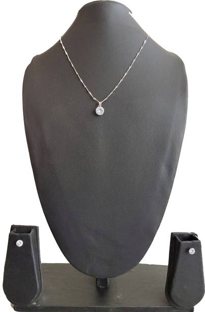 Diamond Locking Silver Pendant Set With Silver Earring And good locking Locket With Silver Chain Silver Swarovski Zirconia Brass, Alloy, Metal Pendant Set