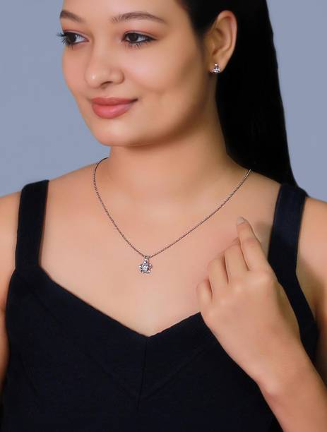 Sterling Silver Zircon Flower Pendant with Link Chain for women & girls Rhodium Sterling Silver Pendant