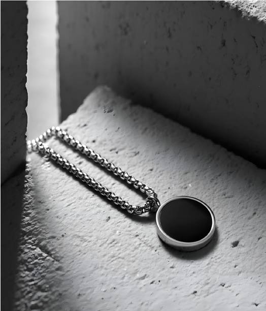 Ruhi Collection Trendy Black Circle Pendant with Silver Stainless Steel Chain for Men & Boys Silver Stainless Steel Pendant