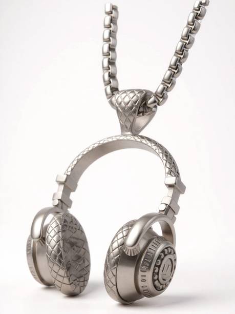 RAPPERSSHOP Music Headphone Pendant Stainless Steel Necklace with Box Chain Sterling Silver, Rhodium Stainless Steel Pendant Set