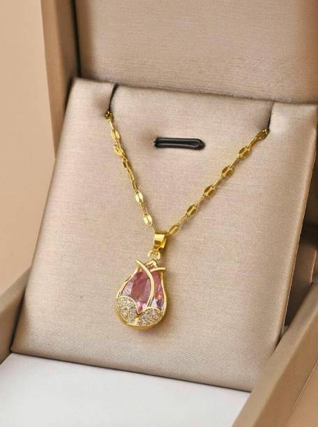 Classic Tulip Flower Fashionable Charm Pink Pendant Chain|Anti Tarnish Gold-plated Crystal Stainless Steel Pendant