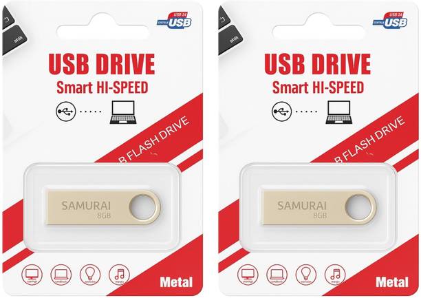 Samurai Metal USB Flash Drive, Portable Keyring Design, Gold Aluminium | Pack of 2 8 GB Pen Drive Compatible with Desktop Computer USB 2.0 Metal Case