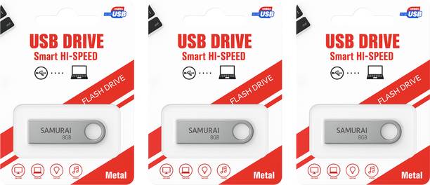 Samurai Metal USB Flash Drive, Portable Keyring Design, Silver Aluminium Pack of 3 8 GB Pen Drive Compatible with Desktop Computer USB 2.0 Metal Case