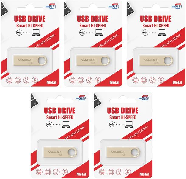 Samurai Metal USB Flash Drive, Portable Keyring Design, Gold Aluminium | Pack of 5 8 GB Pen Drive Compatible with Desktop Computer USB 2.0 Metal Case