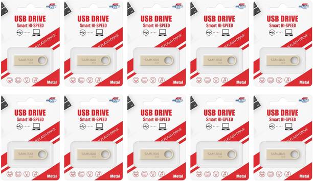Samurai Metal USB Flash Drive Portable Keyring Design, Gold Aluminium | Pack of 10 8 GB Pen Drive Compatible with Desktop Computer USB 2.0 Metal Case