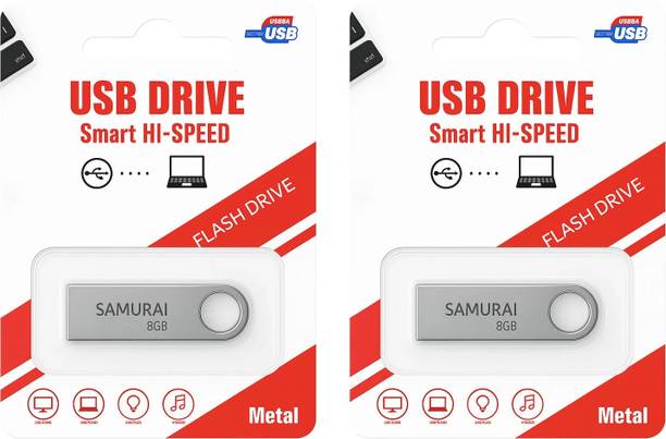 Samurai Metal USB Flash Drive, Portable Keyring Design, Silver Aluminium | Pack of 2 8 GB Pen Drive Compatible with Desktop Computer USB 2.0 Metal Case