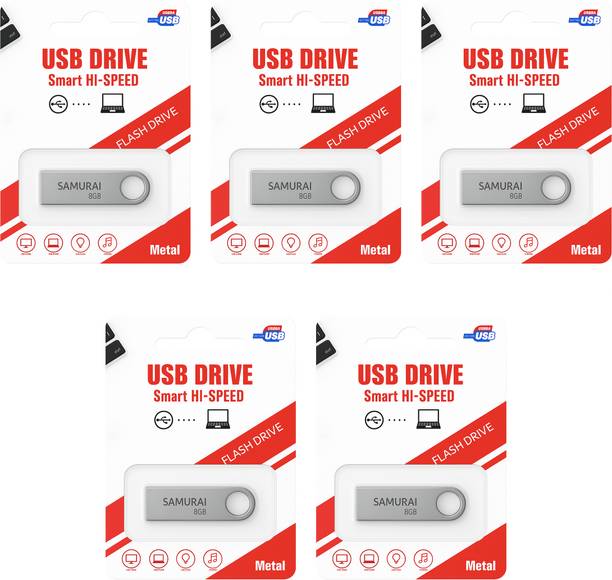 Samurai Metal USB Flash Drive, Portable Keyring Design, Silver Aluminium | Pack of 5 8 GB Pen Drive Compatible with Desktop Computer USB 2.0 Metal Case