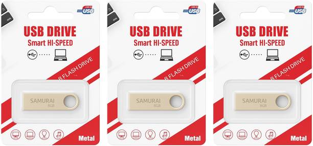 Samurai Metal USB Flash Drive, Portable Keyring Design, Gold Aluminium | Pack of 3 8 GB Pen Drive Compatible with Desktop Computer USB 2.0 Metal Case