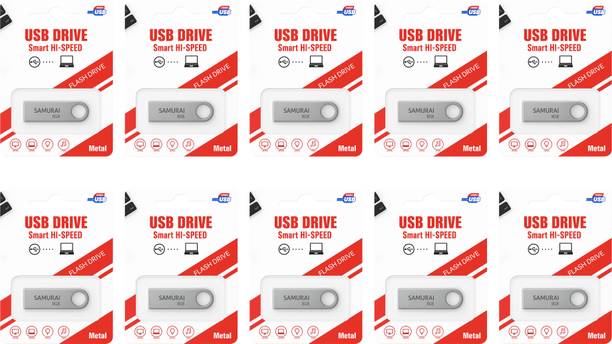 Samurai Metal USB Flash Drive Portable Keyring Design, Silver Aluminium | Pack of 10 8 GB Pen Drive Compatible with Desktop Computer USB 2.0 Metal Case
