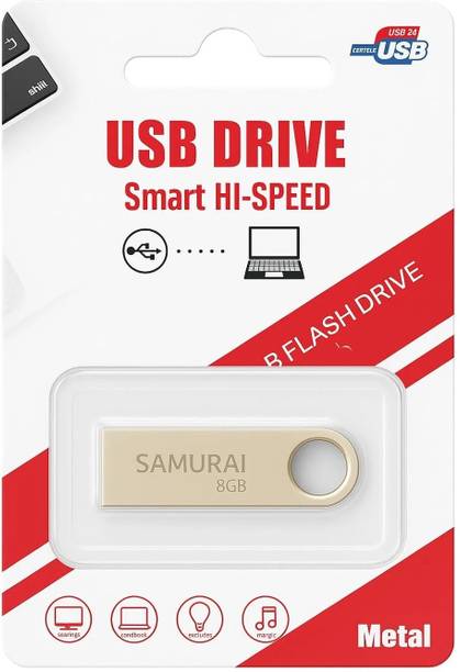 Samurai Metal USB Flash Drive, Portable Keyring Design, Gold Aluminium | Pack of 1 8 GB Pen Drive Compatible with Desktop Computer USB 2.0 Metal Case