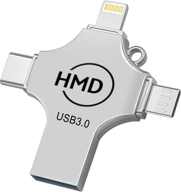 hmd Pendrive 128GB 4 in 1 Flash Drive with Micro USB, USB A, Type-C Interface 128 GB OTG Drive Compatible with Audio Player, Desktop Computer, Laptop, Mobile, Tablet, Television USB 3.0 Metal Case