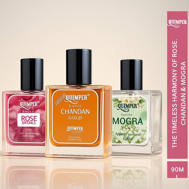 quimper Rose Chandan & Mogra Elegant Floral & Woody Fragrance, Long-Lasting Pack Of 3 Perfume - 90 ml