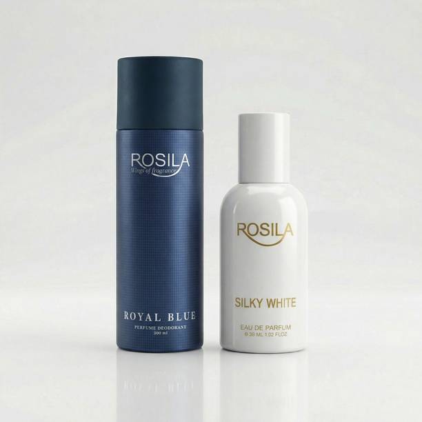 ROSILA Royal Blue Deo 200ml & Silky White Perfume 30ml Long-Lasting Body Spray & Scent Eau de Parfum  -  230 ml