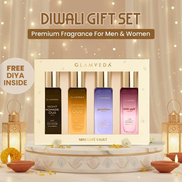 GLAMVEDA Pure Perfume Diwali Gift Set|Date night, Seductress, Dubai, Nomade Oud| 2 Diya Extrait De Parfum  -  80 ml