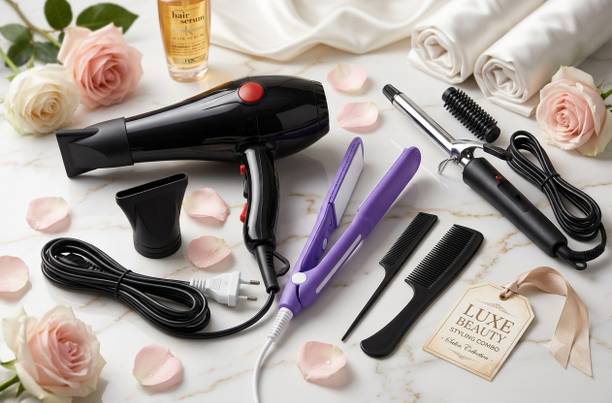 RK INDIA Hair Dryer 2000 Watts Straightener 8006 & 471B Curler With 2 Tail Combs Combo Personal Care Appliance Combo