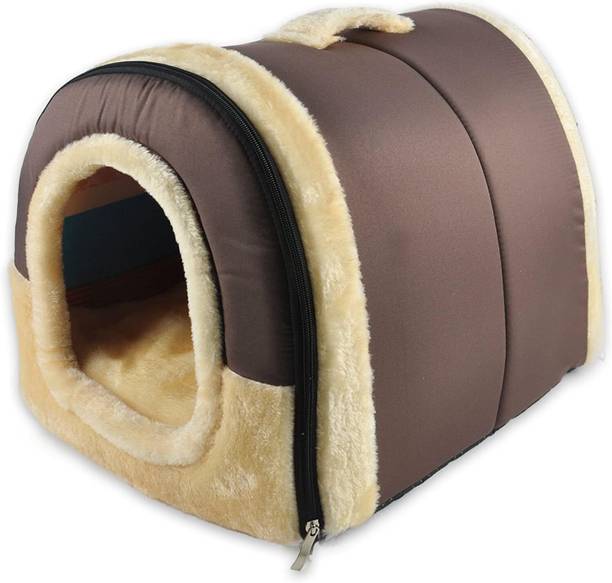 Fluffy Igloo Dog House Portable Cat Igloo Bed with Removable Cushion, 2 in 1 L Pet Bed