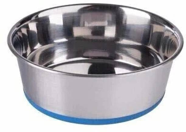 Naaz pet world Silicon Bonded Rubber Base Blue, Dog feeding Bowl Round Stainless Steel Pet Bowl