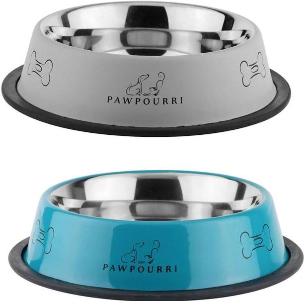 PAWPOURRI Combo of Premium Anti-Skid Feeding Bowls for Dogs, cats & Puppy Pet Bowl pack 2 Stainless Steel Pet Bowl
