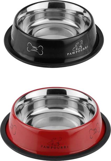 PAWPOURRI Combo of Anti-Skid Water and Food Feeding Bowls Pack of 2 Stainless Steel Pet Bowl