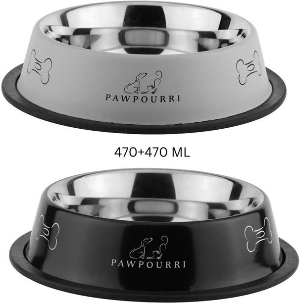 PAWPOURRI Combo of Anti-Skid Water and Food Feeding Bowls Pack of 2 Stainless Steel Pet Bowl
