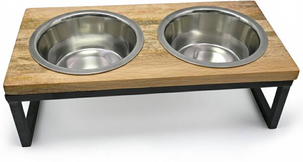 Premium Wooden Double Bowl Elevated Dog Feeder Stand Wooden, Iron Pet Bowl