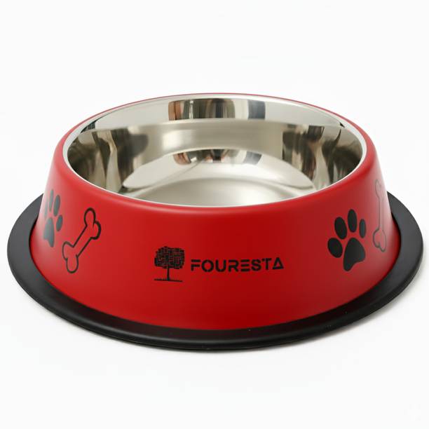 FOURESTA Dog Bowl 700 ml Round Stainless Steel Food Water Feeding Bowl for Dogs (Red) Round Stainless Steel Pet Bowl