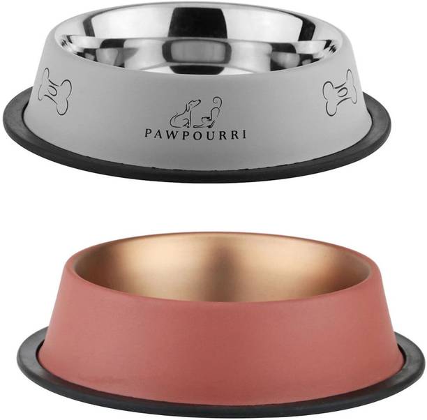 PAWPOURRI Combo of Anti-Skid Feeding Bowls for Dogs, cats & Puppy Pet Bowl pack 2 Stainless Steel Pet Bowl