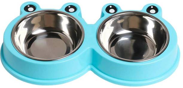 Foodie Puppies Detachable Premium Stainless Steel Double Bowl for Dog and Cats (Frog Face Bowl) Stainless Steel, Plastic Pet Bowl