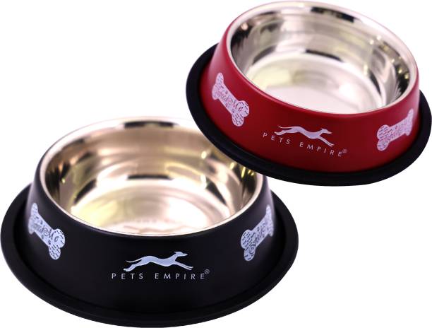 PETS EMPIRE Anti-Skid Bowl for Dogs and Puppy , Black & Cherry Color, Food and Water Bowl Rounds Stainless Steel Pet Bowl