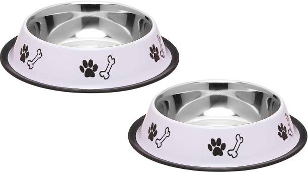 Foodie Puppies Stainless Steel Printed White Bowl for Dogs, Cats & Any Pets - Pack of 2, Stainless Steel Pet Bowl