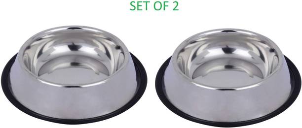Naaz pet world Stainless Steel Anti Skid Dog and Cat Bowls- Set of 2 Round Stainless Steel Pet Bowl