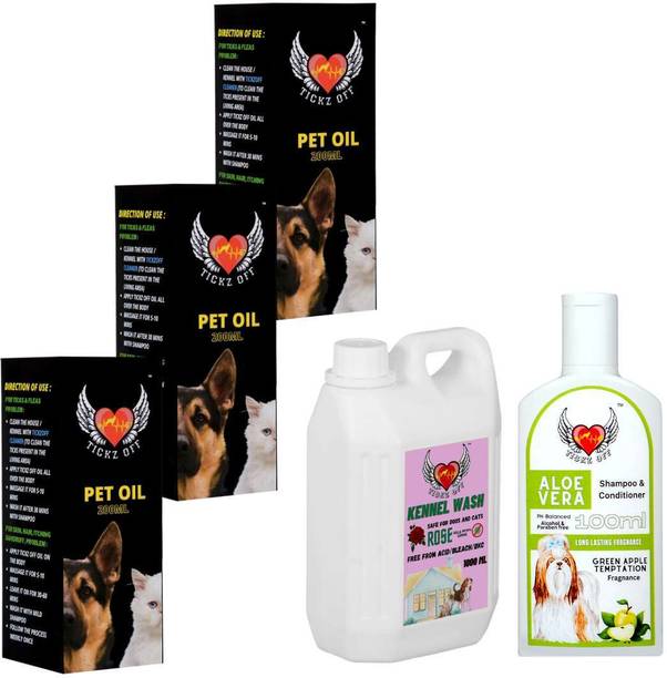Tickz Off Green Apple Pet Shampoo 100 ML with 3 Pet Oil 200 ML & 1ltr Rose Kennel Wash Pet Cage Cleaner