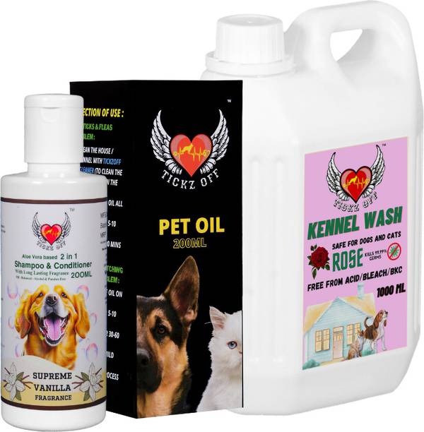 Tickz Off Pet Oil 200 ML, Vanilla Shampoo (200ML) & 1 Ltr Rose Kennel Wash Pet Cage Cleaner