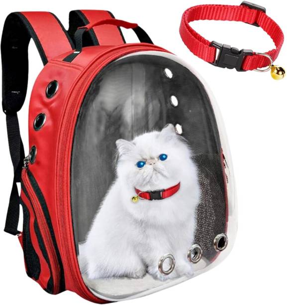 Buraq Astronaut Space Transparent Capsule Air Breathable Airline Approved Transparent Carrier Backpack with Nylon Collor for Travel, Hiking and Outdoor for Puppies & Cats (RED) RED Backpack Pet Carrier
