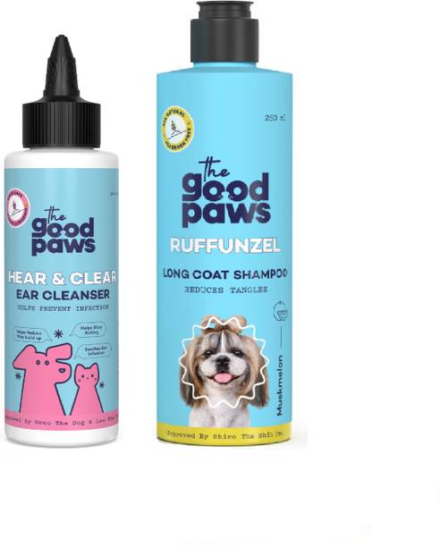 The Good Paws Combo Hear & Clear Ear Cleanser 100 ml + Ruffunzel Long Coat Shampoo 250 ml 350 ml Pet Ear Cleanser