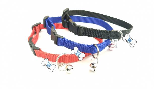 THE DDS STORE 3.Pcs Dog & Cat 10mm Cute Nylon Adjustable Collar with Bell for Small Medium Dog Plain Dog & Cat Collar Charm
