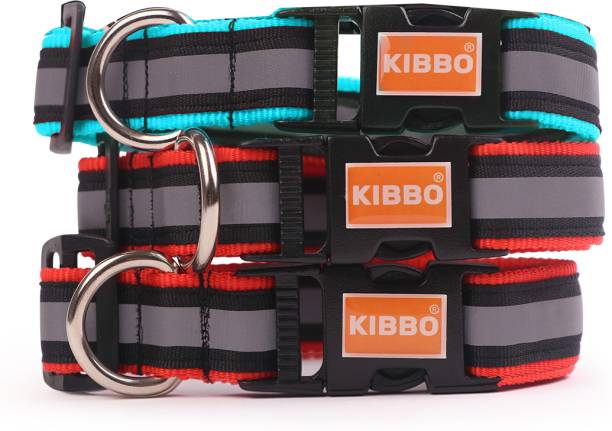 KIBBO Reflective Nylon Dog Collar with Adjustable Buckle and D-Ring (Pack Of 3) Dog Everyday Collar