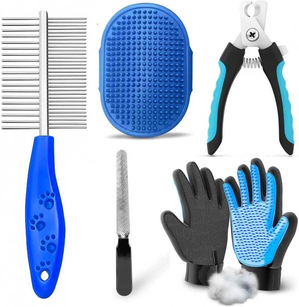 YOUHAVEDEAL Dog Grooming Kit for Puppies & Dogs & Cats Pet Bath Brush Grooming Comb with Adjustable Ring + Dog Nail Clippers with Filer + Pet Bath Glove Grooming + Double Side Steel Comb for Puppy, Cat and Kitten - 4 in 1 Dog Combo (Color May Vary) Plain/ Bristle Brushes for  Dog, Cat, Guinea Pig, Hamster, Horse, Rabbit, Dog & Cat