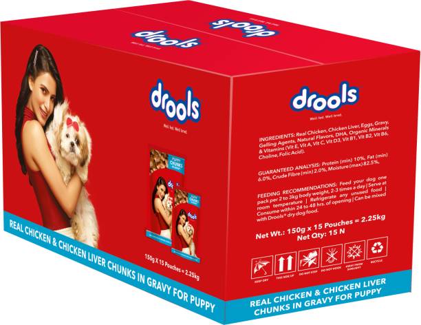 Drools Chunks in gravy for Puppy - Chicken Liver and Real Chicken 2.25 kg (15x0.15 kg) Wet Young Dog Food