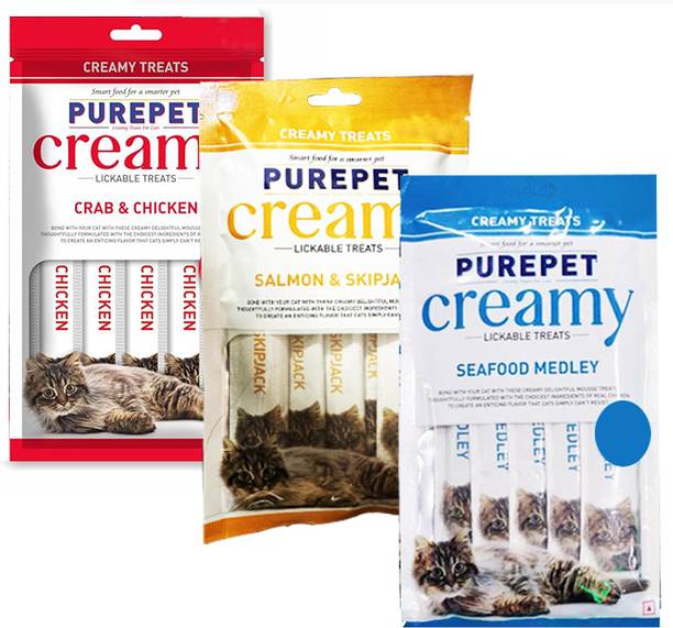purepet PUREPET CREAMY LICKABLE COMBO TREAT WITH CRAB , SALMON & SEAFOOD MEDLY FLAVOR Crab, Salmon, Sea Food 0.225 kg (3x0.07 kg) Wet Adult Cat Food