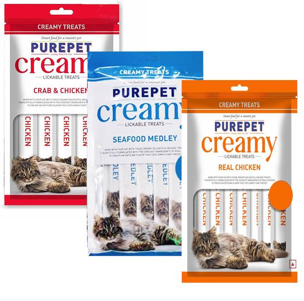 purepet PUREPET CREAMY LICKABLE TREAT REAL CHICKEN + SEA FOOD + CRAB & CHICKEN Chicken, Sea Food, Crab 0.075 kg (3x0.02 kg) Wet Adult Cat Food