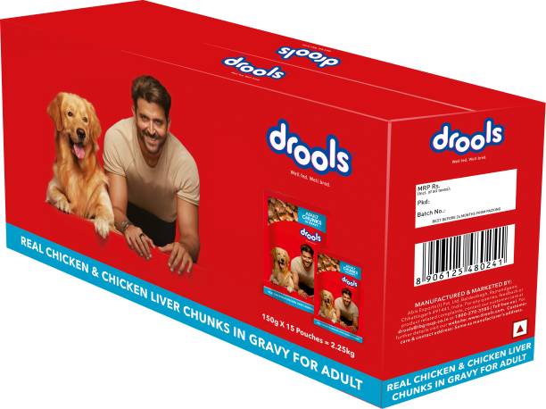Drools Chunks in gravy for Adult - Chicken Liver and Real Chicken 2.25 kg (15x0.15 kg) Wet Adult Dog Food
