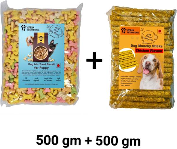 Aviean International Dog Combo 1 kg Pack Of (500 Gm Mix Biscuits + 500 Gm Chicken Chewsticks) Treats Chicken Dog Treat