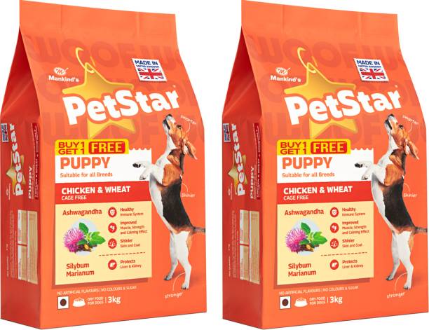 PetStar (Buy 1 Get 1 Free) Puppy 3 kg Dry Chicken & Wheat Dog Food , Chicken 6 kg (2x3 kg) Dry Young Dog Food